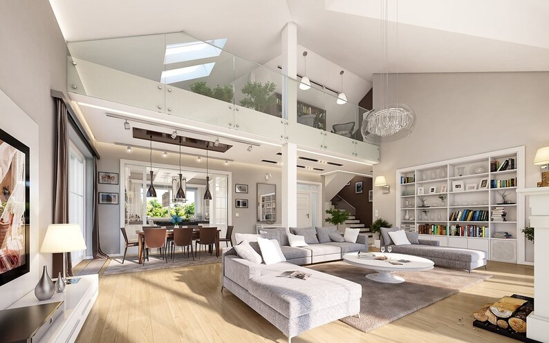 Bright Living Room with High Ceilings and Library – A luxurious open-plan living room with a modern design, glass railings, and bookcases. Perfect inspiration for townhouse plans and villa plans.