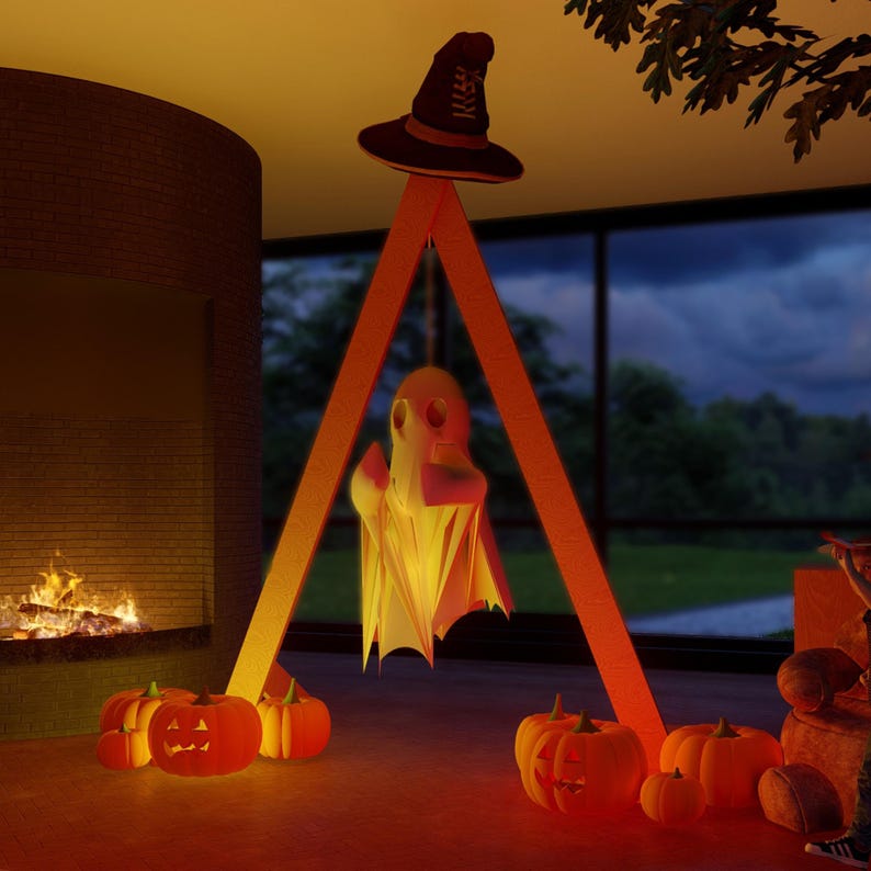May include: A tall orange triangular wooden frame stands on the floor, supporting a hanging white ghost figure. A dark brown witch hat sits atop the frame. Several orange jack-o'-lanterns with glowing carved faces are arranged at the base.