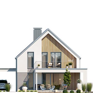 Front Elevation of a Modern Scandinavian House – Beautifully designed house facade with a minimalist aesthetic, large balcony, and natural wood accents. Ideal for contemporary house plans. #modernhouseplans #houseplanmodern #scandinavianhouseplans