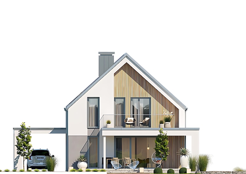 Front Elevation of a Modern Scandinavian House – Beautifully designed house facade with a minimalist aesthetic, large balcony, and natural wood accents. Ideal for contemporary house plans. #modernhouseplans #houseplanmodern #scandinavianhouseplans
