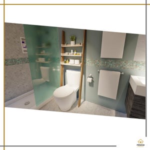 May include: A bathroom interior featuring a white toilet with a wooden ladder shelf positioned above it. The shelf holds small bottles and a plant. A white towel hangs on a wall-mounted rack next to a vanity, with a glass shower partition nearby.