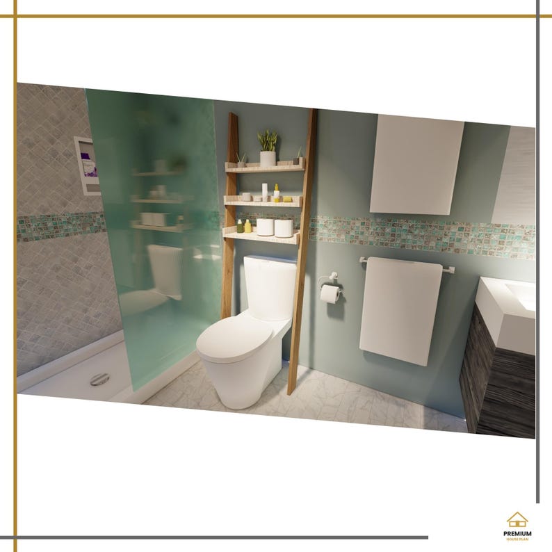 May include: A bathroom interior featuring a white toilet with a wooden ladder shelf positioned above it. The shelf holds small bottles and a plant. A white towel hangs on a wall-mounted rack next to a vanity, with a glass shower partition nearby.
