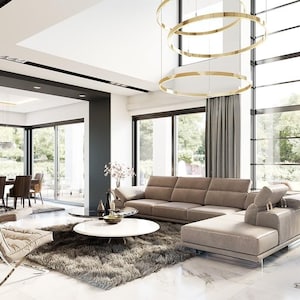 May include: A modern living room with a neutral color palette. Features include a large sectional sofa, a round coffee table, and a contemporary chair. Large windows offer a view of the outdoors. A stylish chandelier hangs from the ceiling.