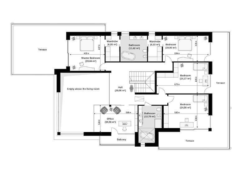 Second-floor floor plan with spacious bedrooms, bathrooms, and terraces, ideal for house plan modern enthusiasts.