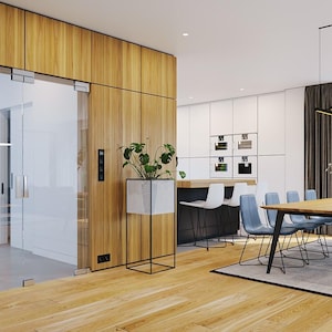 May include: A modern interior space featuring a glass door with metal hardware set into a light wood paneled wall, a white planter on a black metal stand, a wooden dining table with blue chairs, and a kitchen area with white cabinetry.