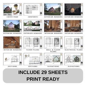 Comprehensive 29-sheet print-ready house plans for The Kite House, including exterior renders, interior renders, floor plans, wall plans, electrical plans, sections, and elevations. Ideal for modern house designs and small cabin plans.