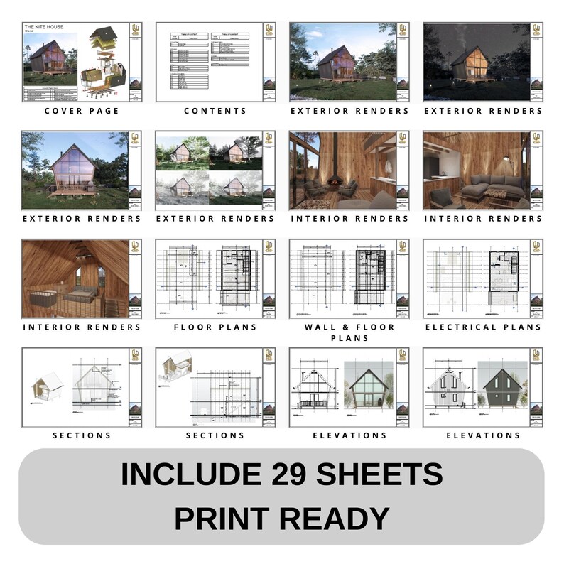 Comprehensive 29-sheet print-ready house plans for The Kite House, including exterior renders, interior renders, floor plans, wall plans, electrical plans, sections, and elevations. Ideal for modern house designs and small cabin plans.