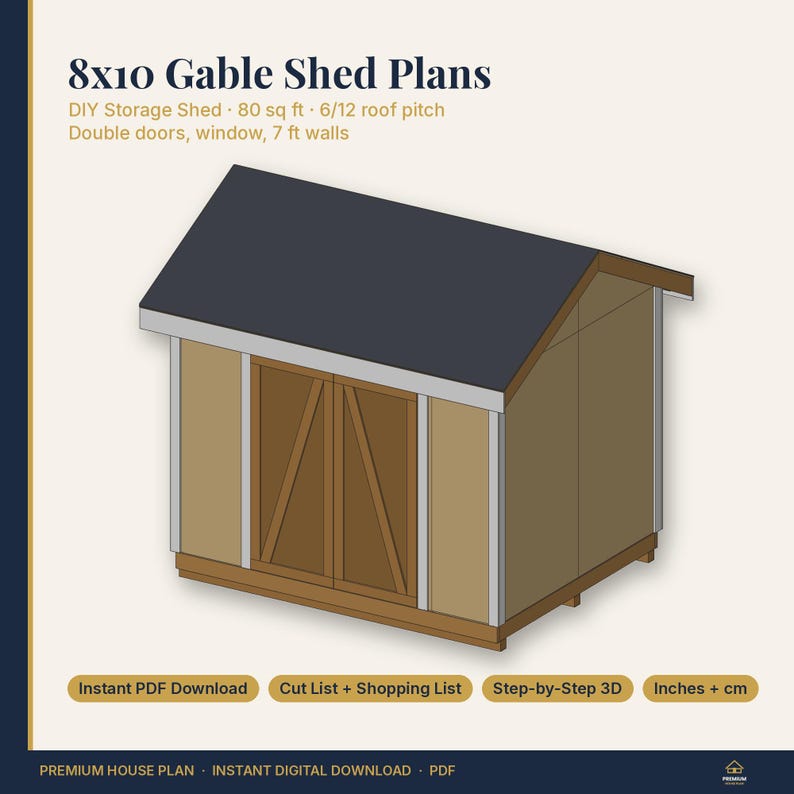 8x10 Shed Plans | Gable Garden Shed with Double Doors and Window | DIY Small Storage Shed Building Plans with Cut List, PDF Instant Download image 1