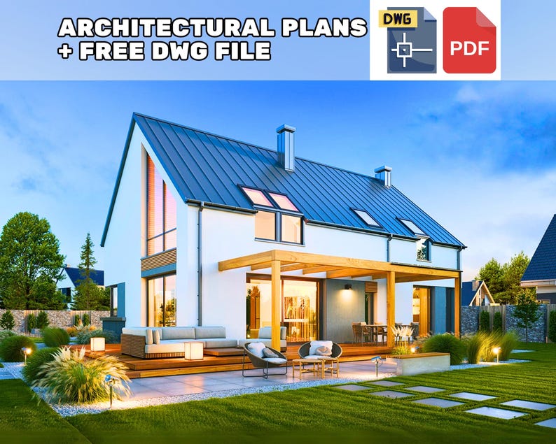 Modern house design with sloped roof and large windows, featuring an outdoor seating area. Perfect for modern house plans and architectural enthusiasts.