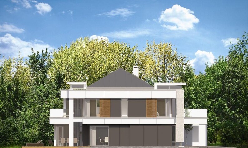 May include: Modern two-story house with a white exterior, gray roof, and large windows. The house is surrounded by lush green trees under a blue sky with scattered clouds. The design features a minimalist aesthetic.
