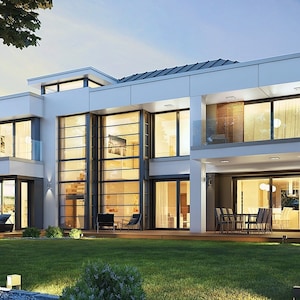 Luxury contemporary house with spacious glass walls, balconies, and a lush backyard. Ideal for modern house plans, architectural layouts, and house blueprints.