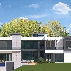 Rear view of a modern two-story house with spacious balconies and outdoor seating areas. Ideal for Scandinavian-inspired architectural plans.