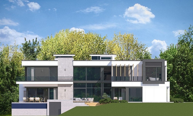 Rear view of a modern two-story house with spacious balconies and outdoor seating areas. Ideal for Scandinavian-inspired architectural plans.