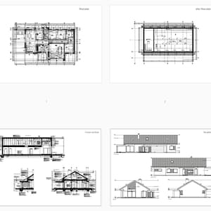 Architectural floor plans: Detailed architectural floor plan showing bedrooms, living area, and garage. Includes cross-sections and measurements for a complete house blueprint.