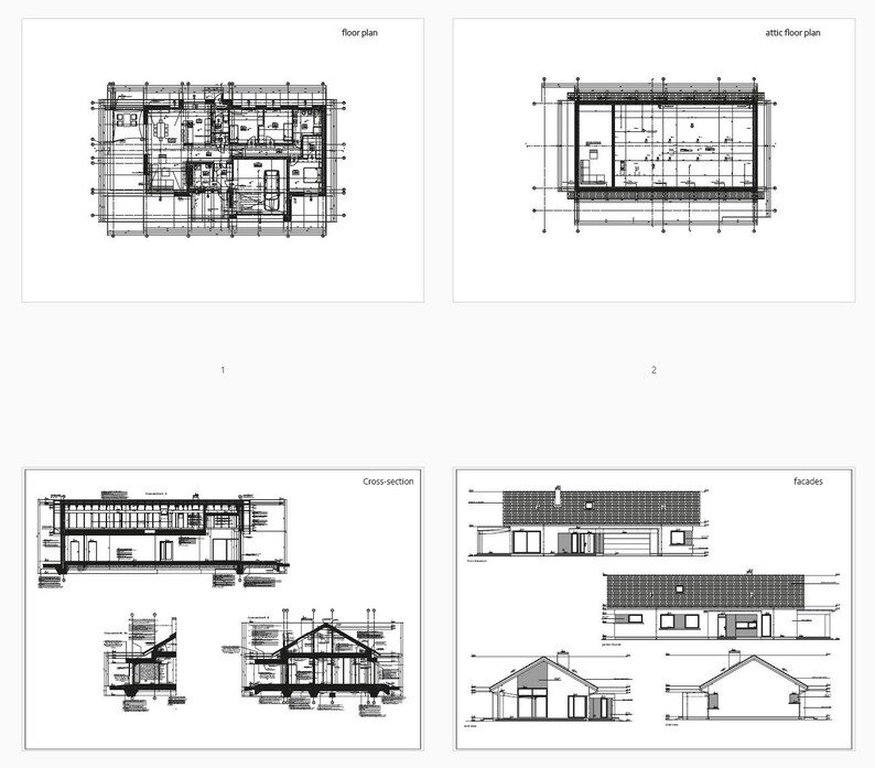 Architectural floor plans: Detailed architectural floor plan showing bedrooms, living area, and garage. Includes cross-sections and measurements for a complete house blueprint.