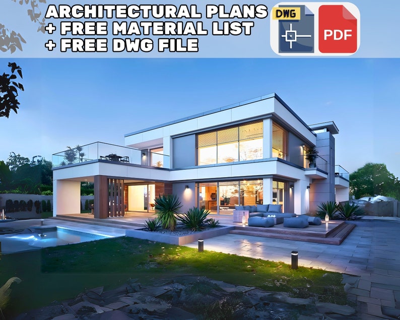 A modern two-story house with a flat roof, large glass walls, and a landscaped yard. Perfect for modern house plans, offering architectural designs, free material lists, and DWG files.