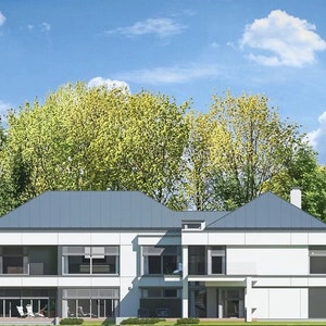 Side elevation of a modern house featuring clean lines, large windows, and minimalist landscaping. A great example for house plans.