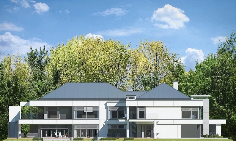 Side elevation of a modern house featuring clean lines, large windows, and minimalist landscaping. A great example for house plans.