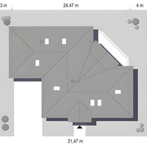 Top-down site plan showcasing roof layout and surrounding dimensions for a modern house. Perfect for architectural projects and construction planning. Includes detailed measurements for efficient space utilization and landscaping design.