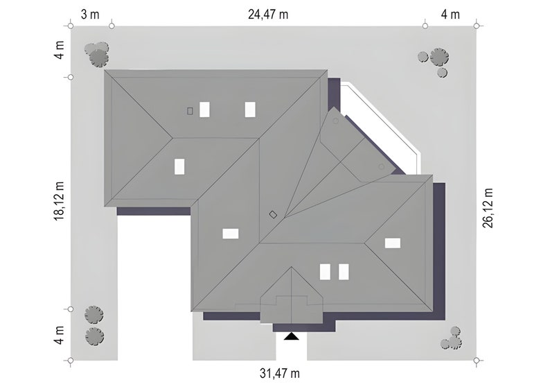 Top-down site plan showcasing roof layout and surrounding dimensions for a modern house. Perfect for architectural projects and construction planning. Includes detailed measurements for efficient space utilization and landscaping design.