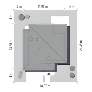 Bird's-eye view of a property layout showing the house, garden, and driveway dimensions. Perfect for floor plans and house plan modern designs.