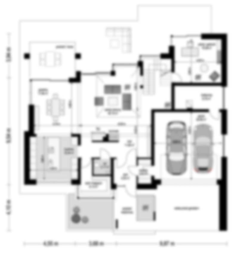Ground floor plan showcasing open-concept living spaces, garage, and dining area. Perfect for house blueprints, floor plans, and modern layouts.