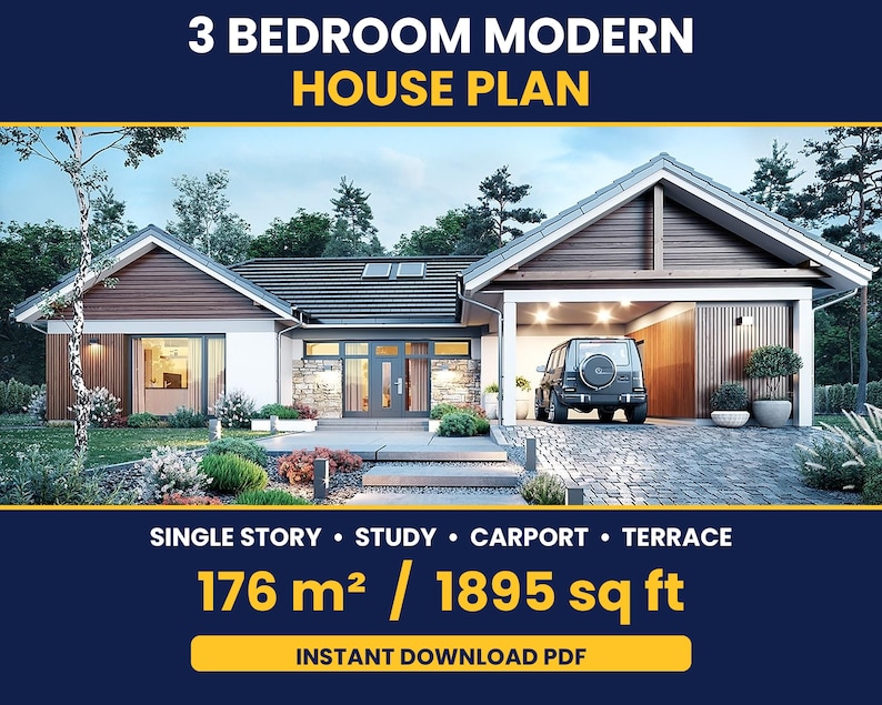May include: A 3 bedroom modern house plan featuring a single story design with a study, carport, and terrace. The text reads 3 BEDROOM MODERN HOUSE PLAN, SINGLE STORY, STUDY, CARPORT, TERRACE, 176 m2 / 1895 sq ft, and INSTANT DOWNLOAD PDF.