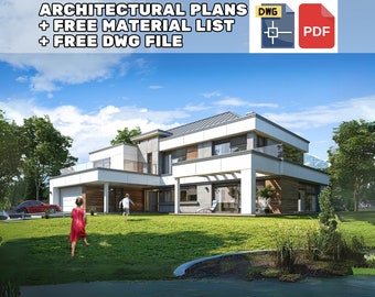 May include: A white modern house with a large lawn and two children playing in the yard. The house has a flat roof and large windows. The lawn is green and there are trees in the background.
