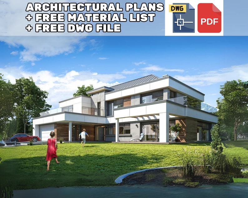 Modern house plans featuring a two-story home with large glass windows, a spacious backyard, and contemporary design elements. Includes free DWG file, material list, and architectural plans.