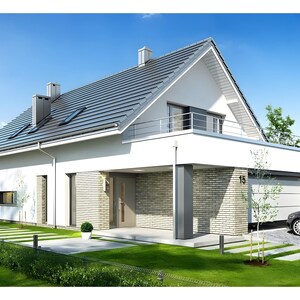 Side view of a stylish house with brick and white facade, modern design, and spacious garage. Great for townhouse plans and modern house designs.
