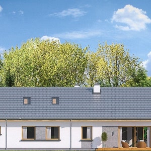 Side view of a Scandinavian-inspired home with a stylish roofline and sliding glass doors leading to a spacious deck. This house plan modern showcases an eco-friendly and inviting design.