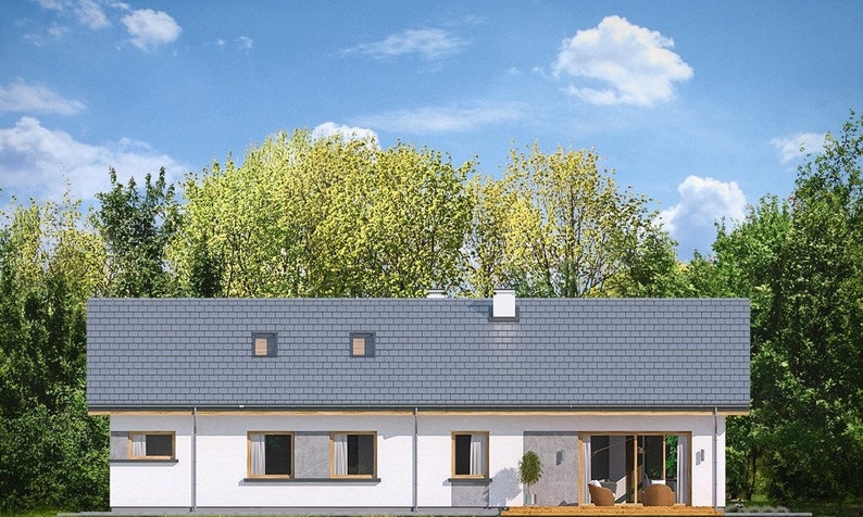 Side view of a Scandinavian-inspired home with a stylish roofline and sliding glass doors leading to a spacious deck. This house plan modern showcases an eco-friendly and inviting design.