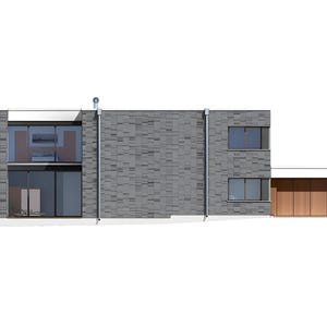 May include: Modern two-story house with a flat roof. The facade features gray brick, large windows, and a wooden garage door. The design is minimalist and contemporary, with clean lines and a focus on geometric shapes.