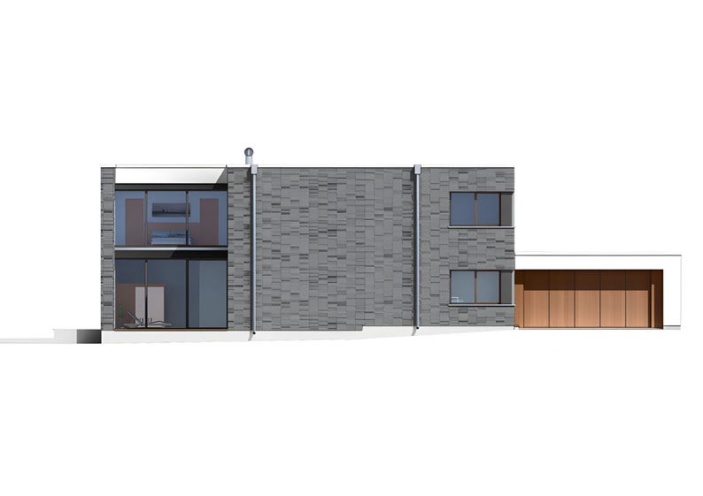 May include: Modern two-story house with a flat roof. The facade features gray brick, large windows, and a wooden garage door. The design is minimalist and contemporary, with clean lines and a focus on geometric shapes.