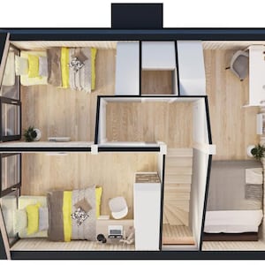 Top view of a cozy attic floor layout featuring two bedrooms, a study area, and storage spaces. Efficiently designed with natural light and warm wooden accents, perfect for a comfortable and functional living experience.