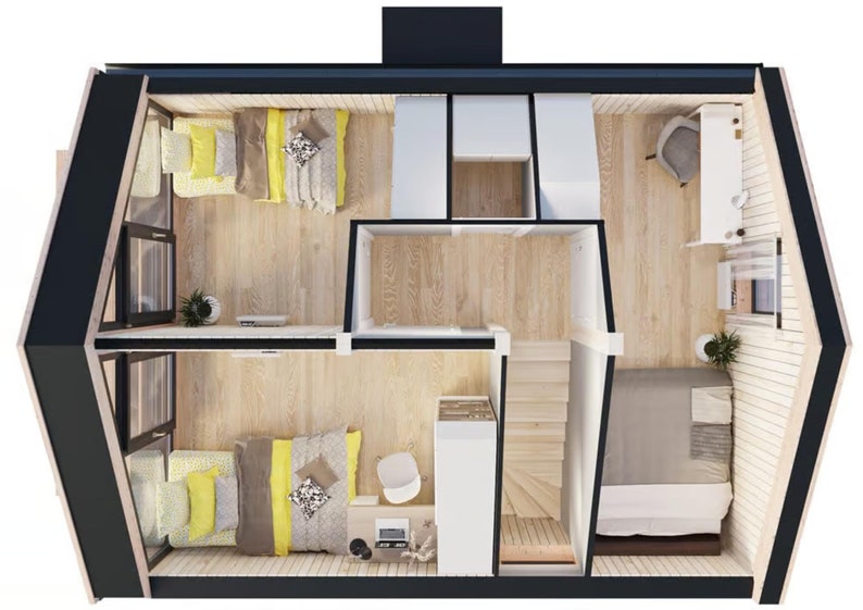 Top view of a cozy attic floor layout featuring two bedrooms, a study area, and storage spaces. Efficiently designed with natural light and warm wooden accents, perfect for a comfortable and functional living experience.