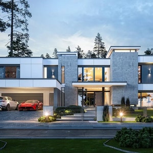 Front view of a stylish two-story house with a three-car garage and modern facade. A great addition to any architectural blueprint collection.