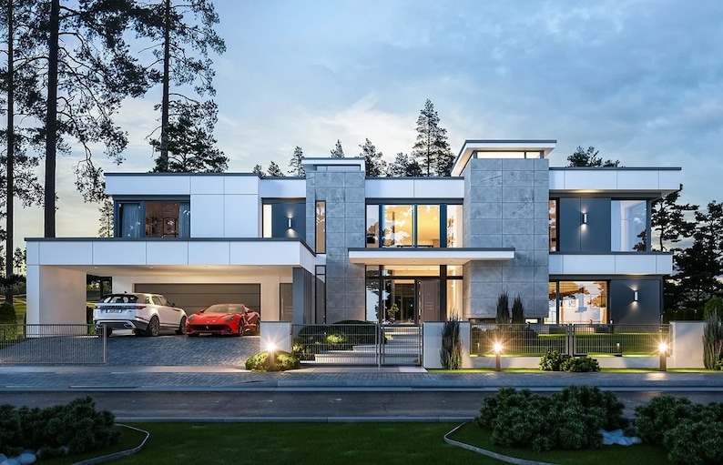 Front view of a stylish two-story house with a three-car garage and modern facade. A great addition to any architectural blueprint collection.