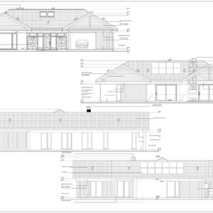May include: Architectural blueprints showing four distinct elevations of a single-story residential building. The technical drawings feature roof lines, window placements, door locations, and a garage bay with a car outline in black ink.