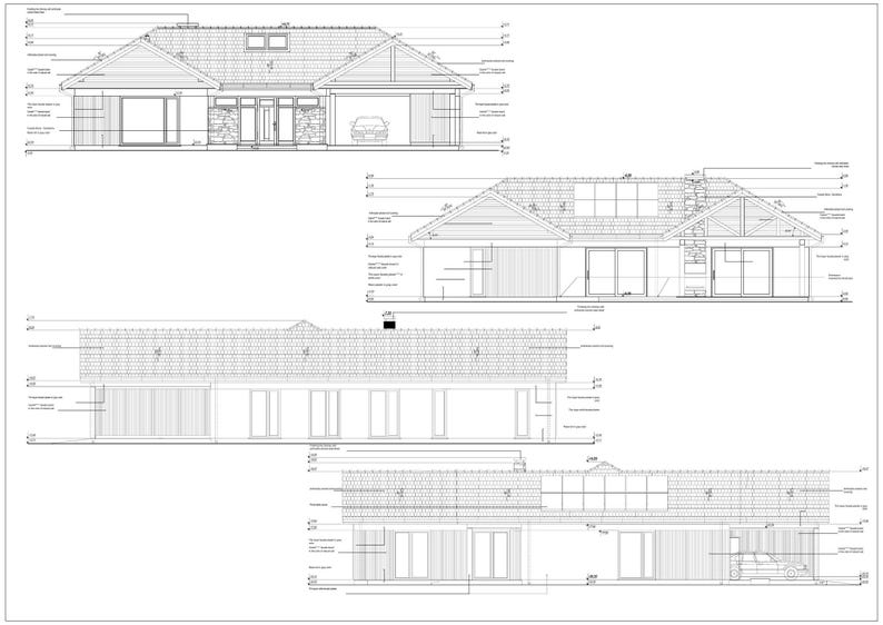 May include: Architectural blueprints showing four distinct elevations of a single-story residential building. The technical drawings feature roof lines, window placements, door locations, and a garage bay with a car outline in black ink.