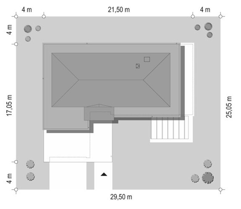 Top View of Modern House Design
"A top-down view of a contemporary house layout, showcasing the property dimensions, roof design, and surrounding landscape. Ideal for modern house plans."