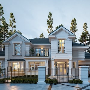Front view of a sophisticated two-story house with a spacious design and well-maintained landscaping. Perfect for showcasing modern house plans and floor plans.