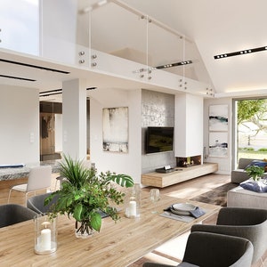Dining and living area view: A stylish dining and living area decorated with wood accents and modern lighting. Suitable for Scandinavian house plans.