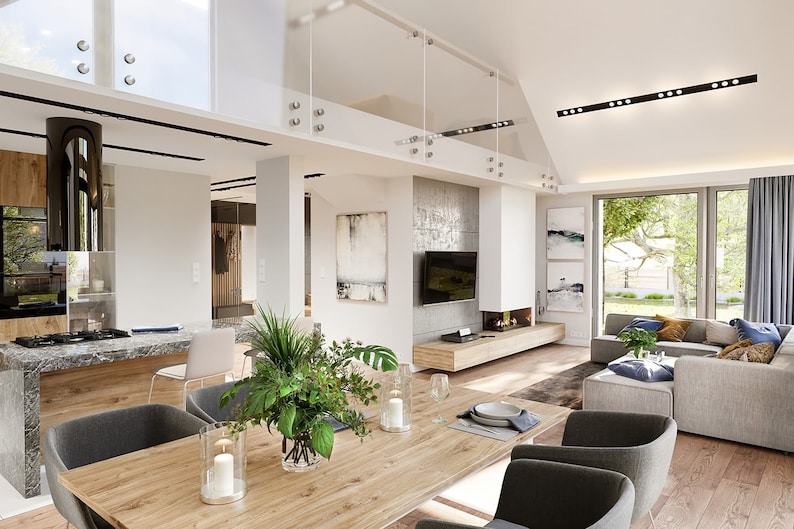 Dining and living area view: A stylish dining and living area decorated with wood accents and modern lighting. Suitable for Scandinavian house plans.