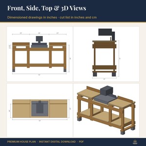 May include: A digital technical drawing of a wooden workbench featuring front, side, top, and 3D views. The plan includes dimensioned drawings in inches and a cut list. The text reads Front, Side, Top & 3D Views and Premium House Plan.