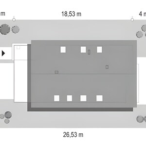 Top-down view of the property layout showing the house and landscaped surroundings. Suitable for showcasing modern house plans.
