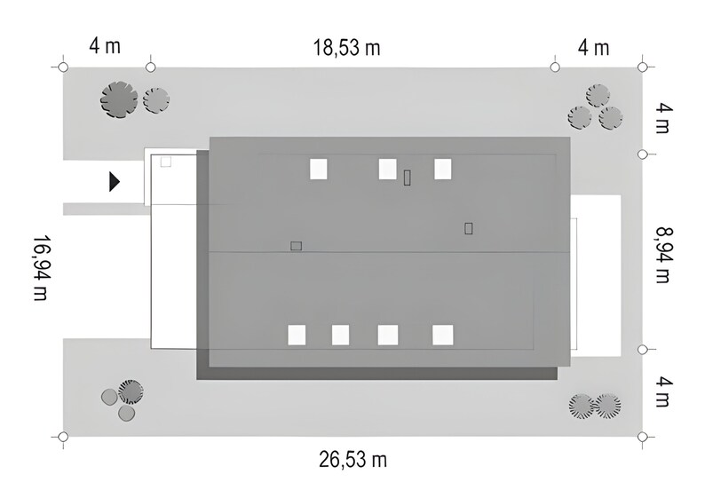 Top-down view of the property layout showing the house and landscaped surroundings. Suitable for showcasing modern house plans.