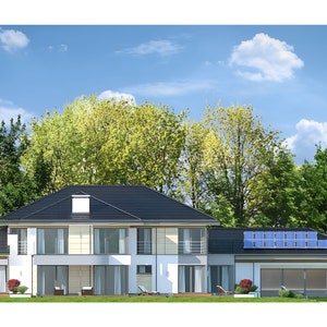 Modern two-story house exterior featuring sleek architectural design, solar panels, and large windows. Surrounded by lush greenery, this home is ideal for eco-friendly living and contemporary house plans.