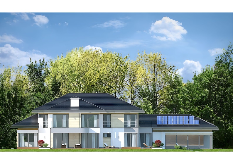 Modern two-story house exterior featuring sleek architectural design, solar panels, and large windows. Surrounded by lush greenery, this home is ideal for eco-friendly living and contemporary house plans.