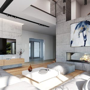 May include: A living room featuring a flat-screen television mounted on a concrete wall, a light wood media console, a white square coffee table, gray floor cushions, and a fireplace integrated into a large concrete pillar with abstract art.